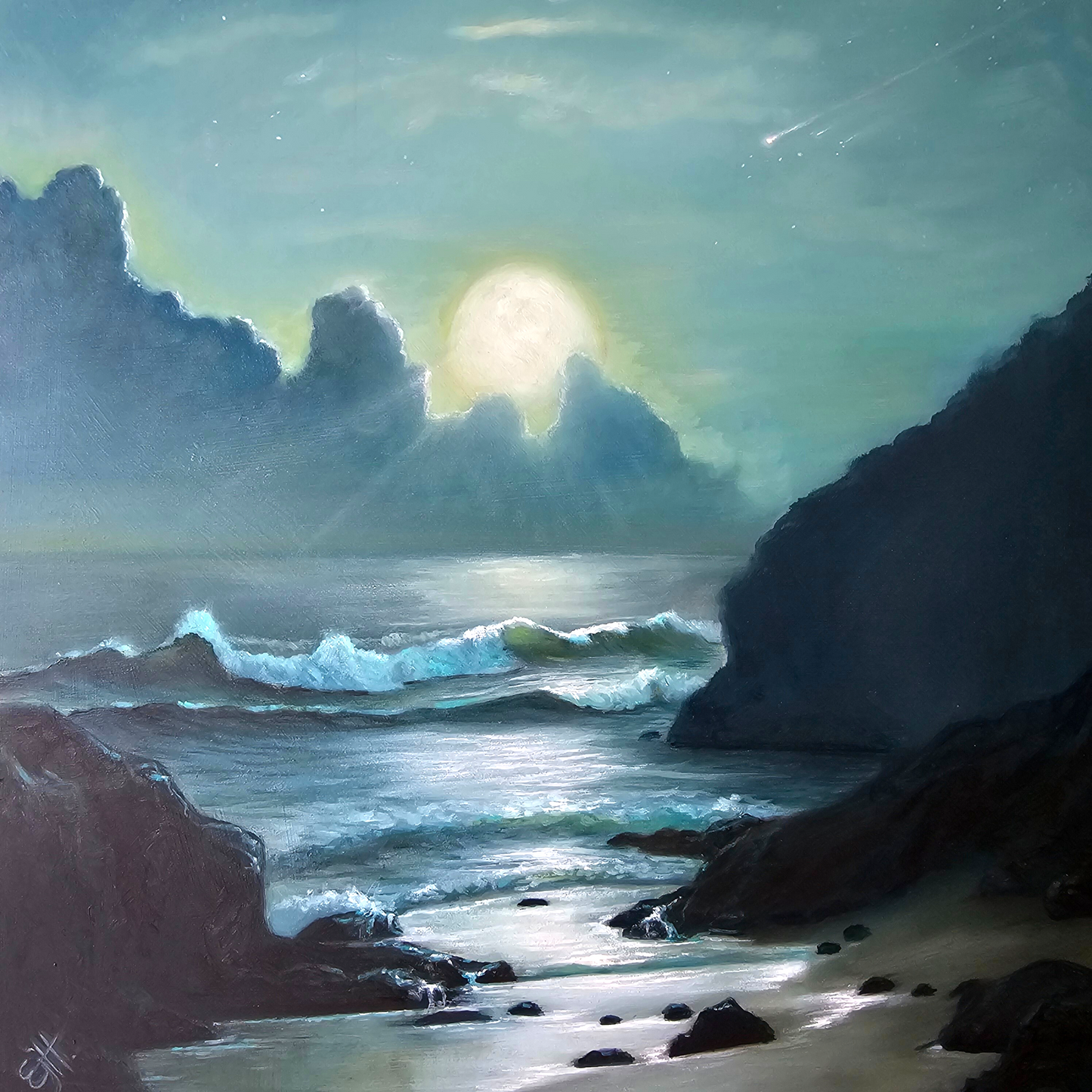 La Luna, serene supermoon seascape oil painting, moonlit ocean nocturne