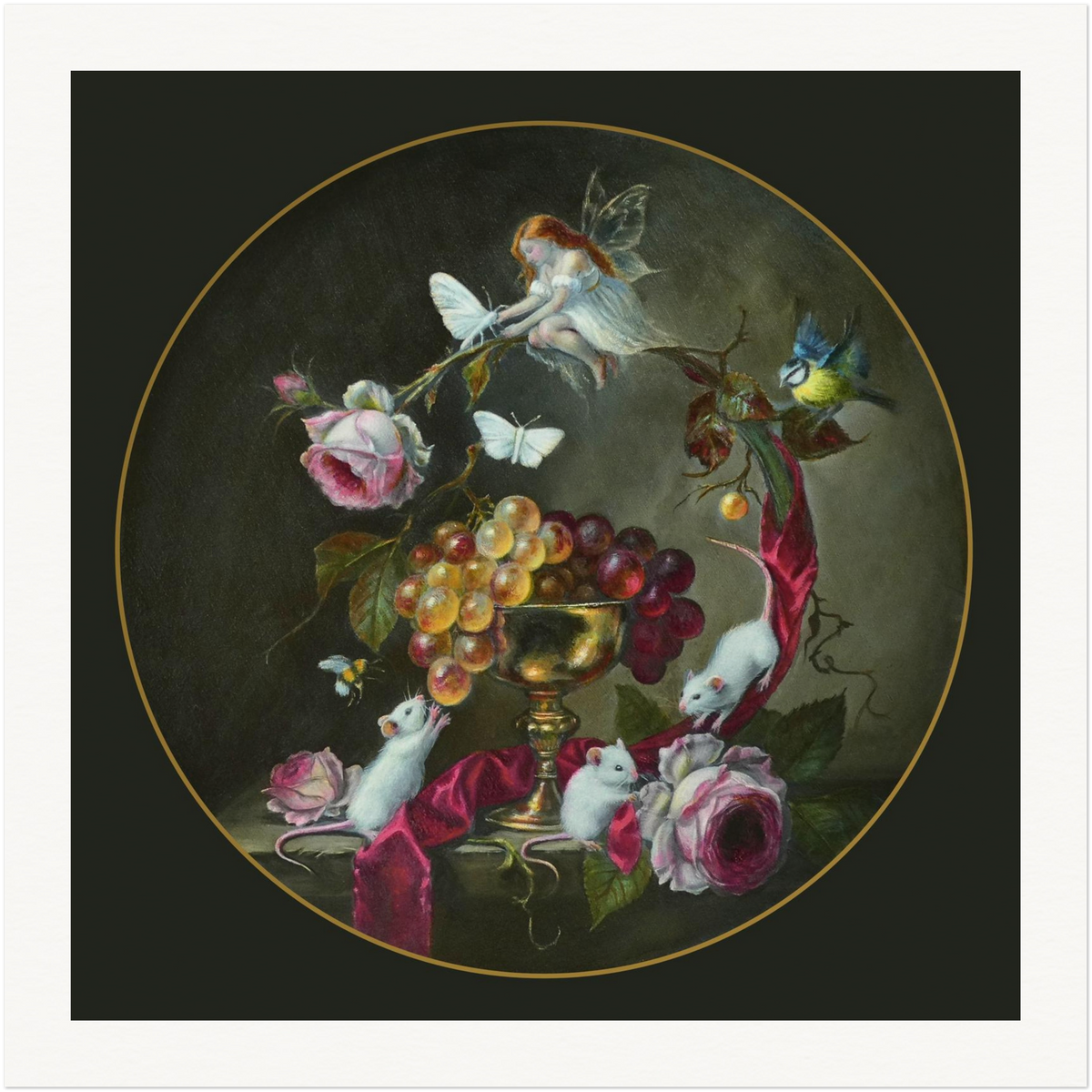 A circular art print featuring a classical still life painting style with a fairy, white mice, grapes, roses, butterflies, and a small bird arranged around a gold goblet on a dark background, presented with a wide white border.