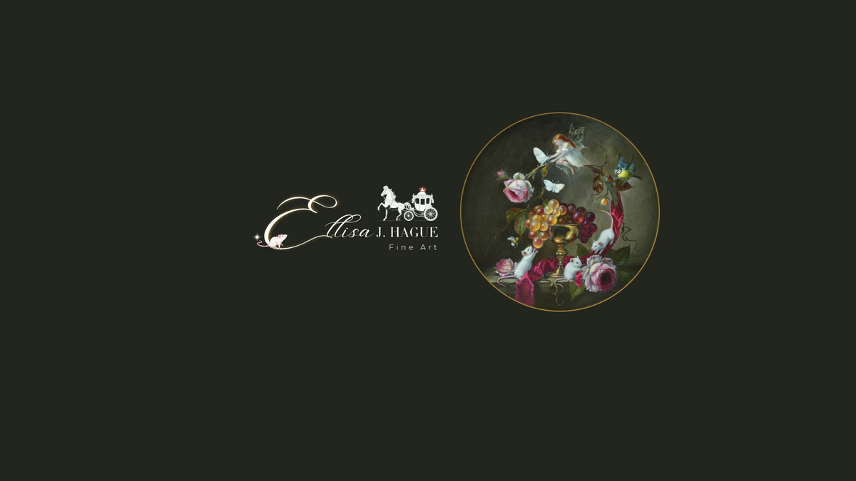 A dark charcoal background featuring the white 'Ellisa J. Haggle Fine Art' logo on the left and a circular framed artwork on the right.