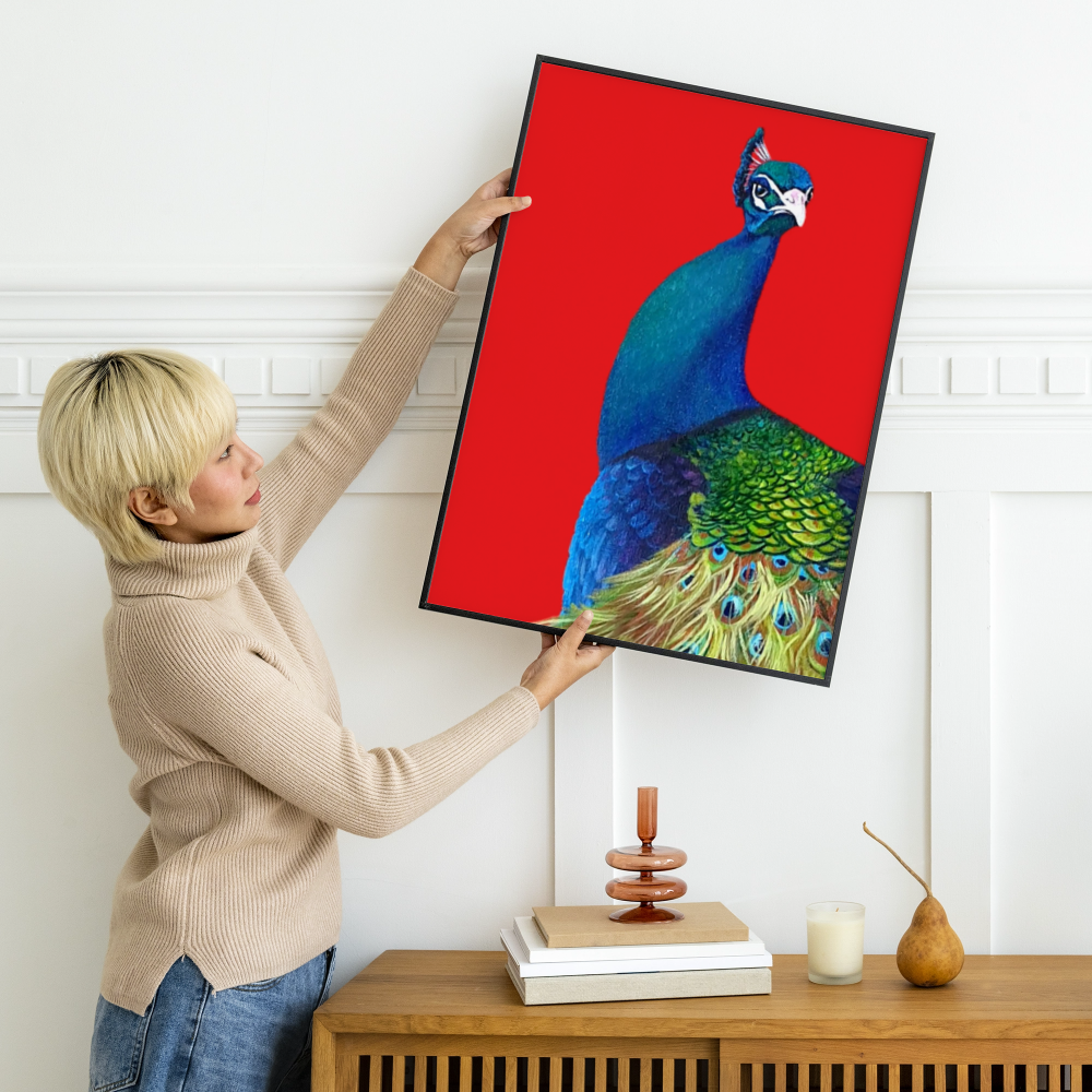 Vibrant Indian Peacock Wooden Framed Print 60x90 cm / 24x36″
