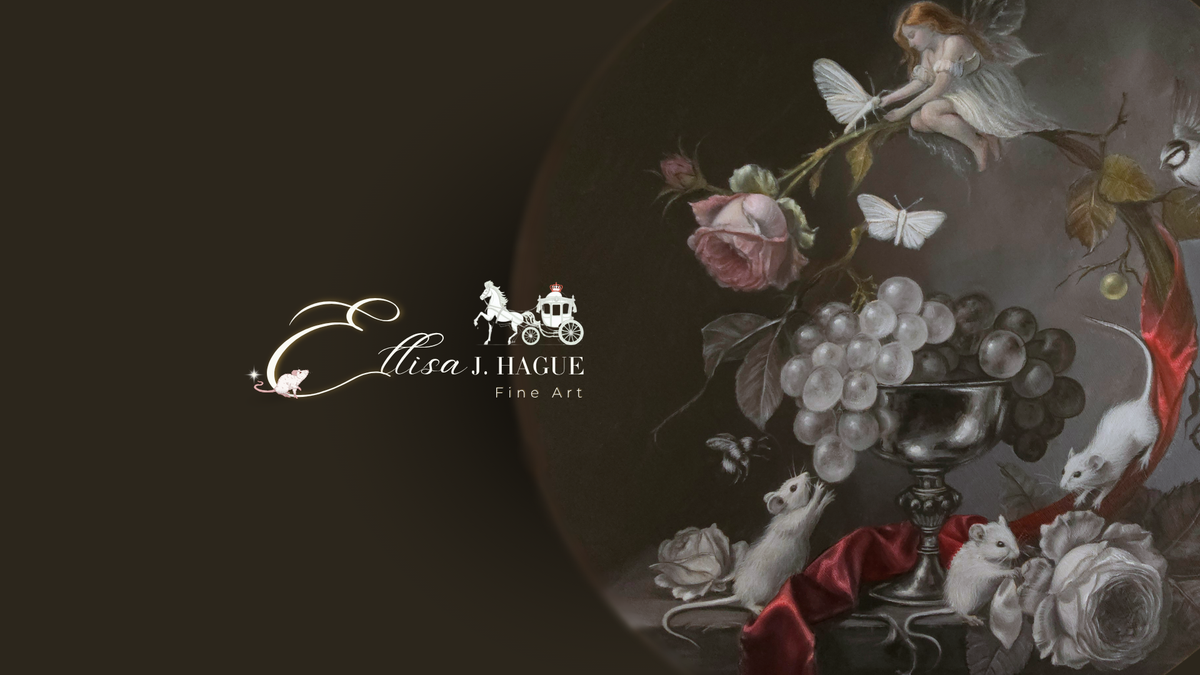 A fine art print featuring a classical still life painting with grapes, roses, a silver goblet, and small white mice, with a fairy and butterfly, set against a dark brown background. The brand logo 'Ellsa J.
