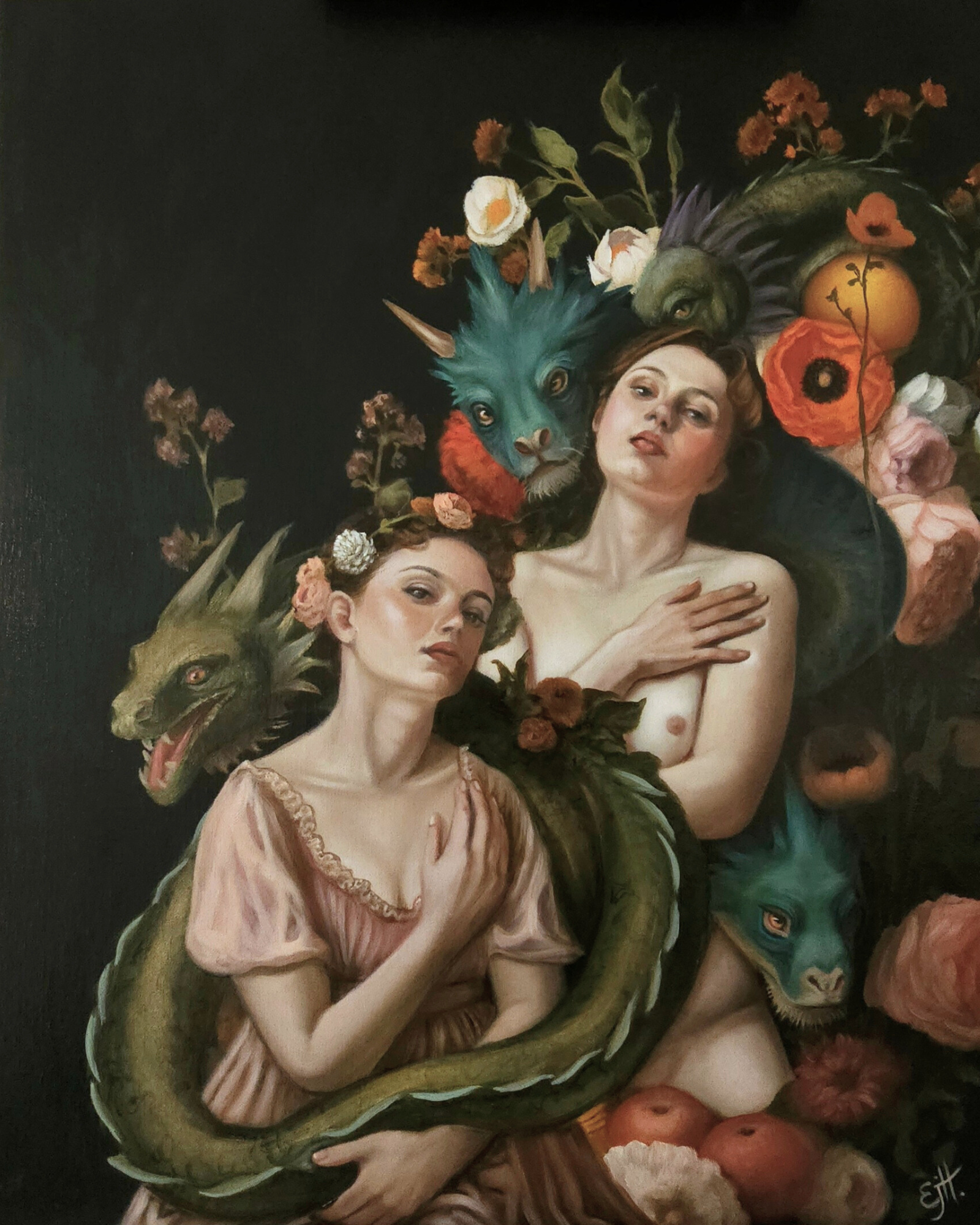 An oil painting featuring two women and four dragons with a floral and fruit-filled background against a dark wall.