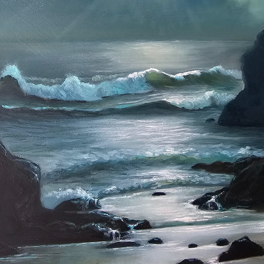 La Luna, serene supermoon seascape oil painting, moonlit ocean nocturne