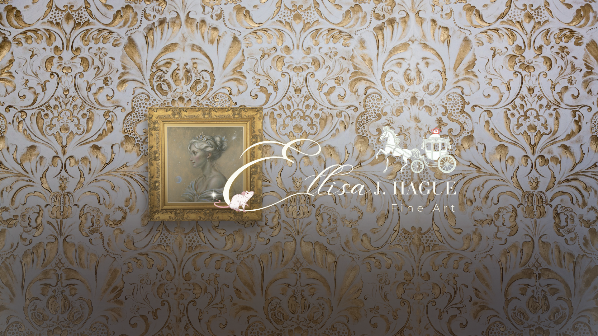 A decorative wall with ornate beige and gold damask wallpaper, featuring a small framed portrait and overlaid branding text reading Elisa J. HAGUE Fine Art.