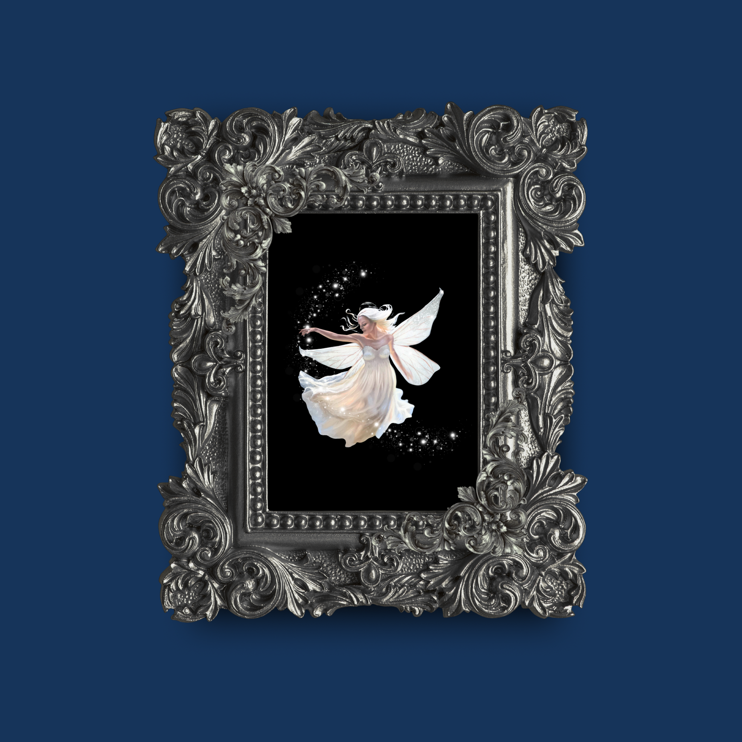 Decorative ornate frame with a fairy illustration on a dark blue background
