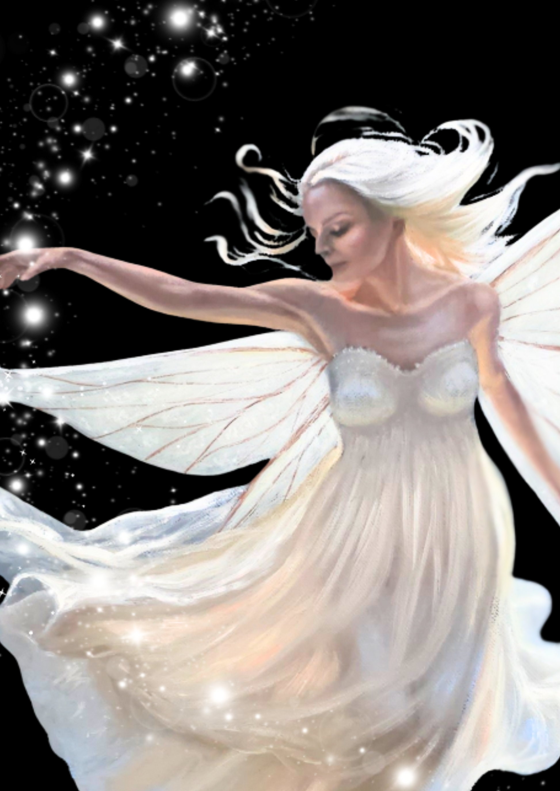 Fantasy illustration of a fairy with white wings and flowing hair against a starry night sky.