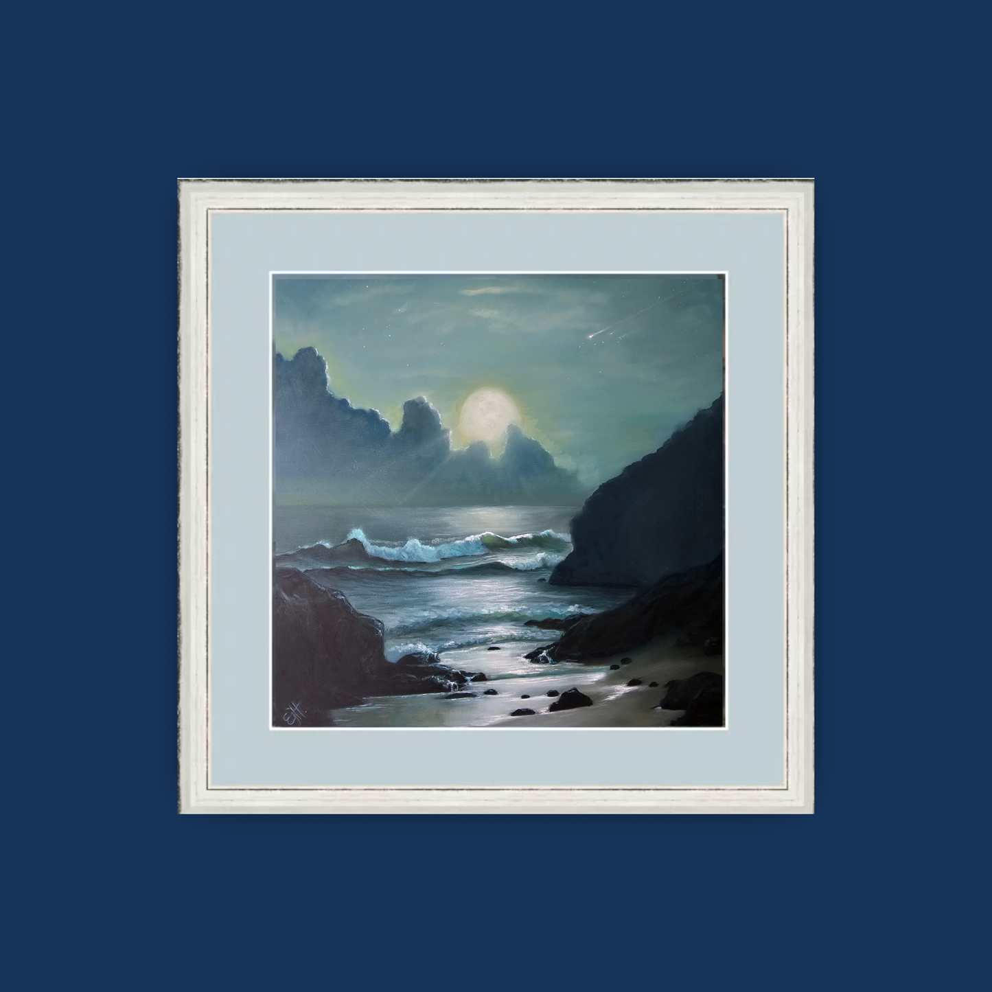 La Luna, serene supermoon seascape oil painting, moonlit ocean nocturne