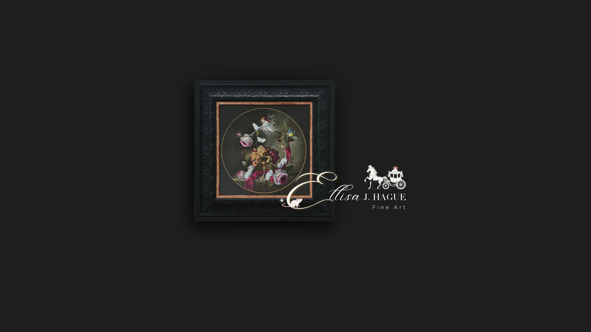 A framed floral art print featuring a bouquet of pink, red, and white flowers with a gold circular border, displayed against a dark background with the brand logo 'ELLISA HAGUE Fine Art' to the right.