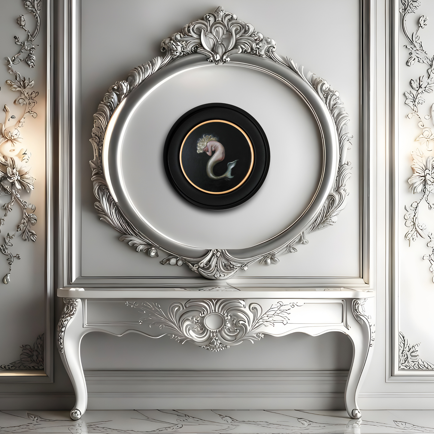 Nimue, mermaid circular oil painting, classical fantasy realism