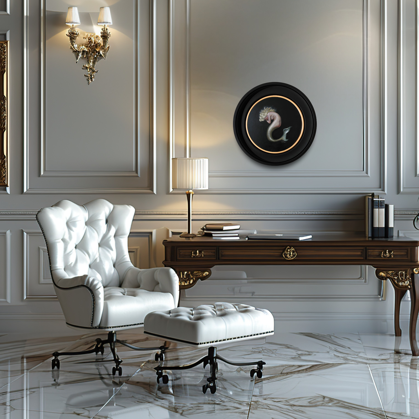 Nimue, mermaid circular oil painting, classical fantasy realism