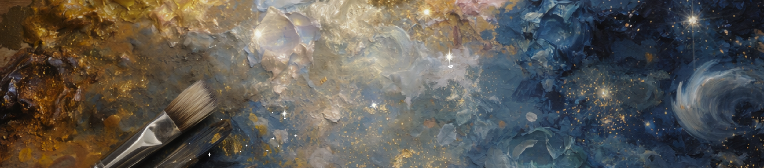 Abstract cosmic painting featuring swirling nebulae of blue, gold, and white with a visible paintbrush in the lower-left corner.