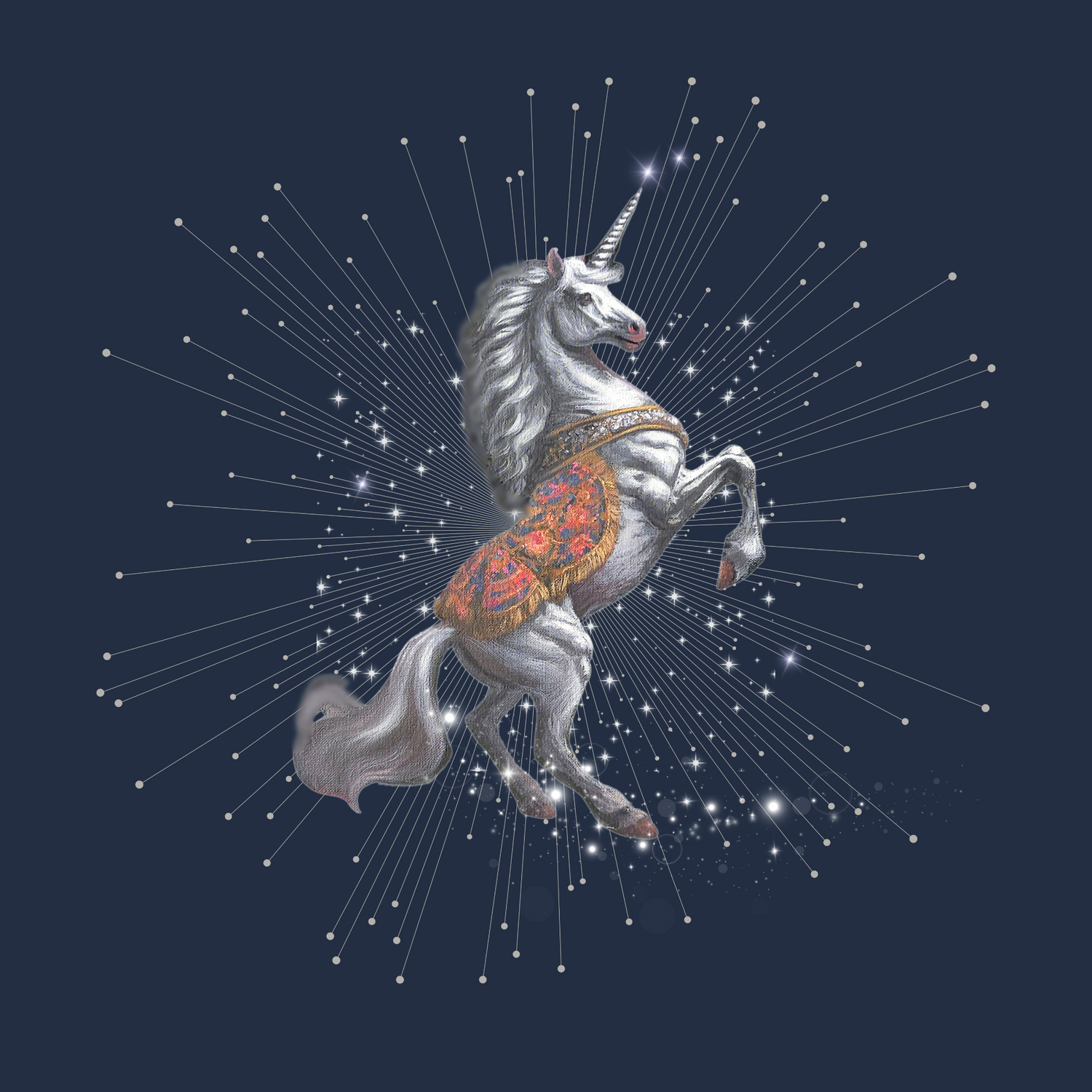 Decorative unicorn with a starburst pattern on a dark blue background